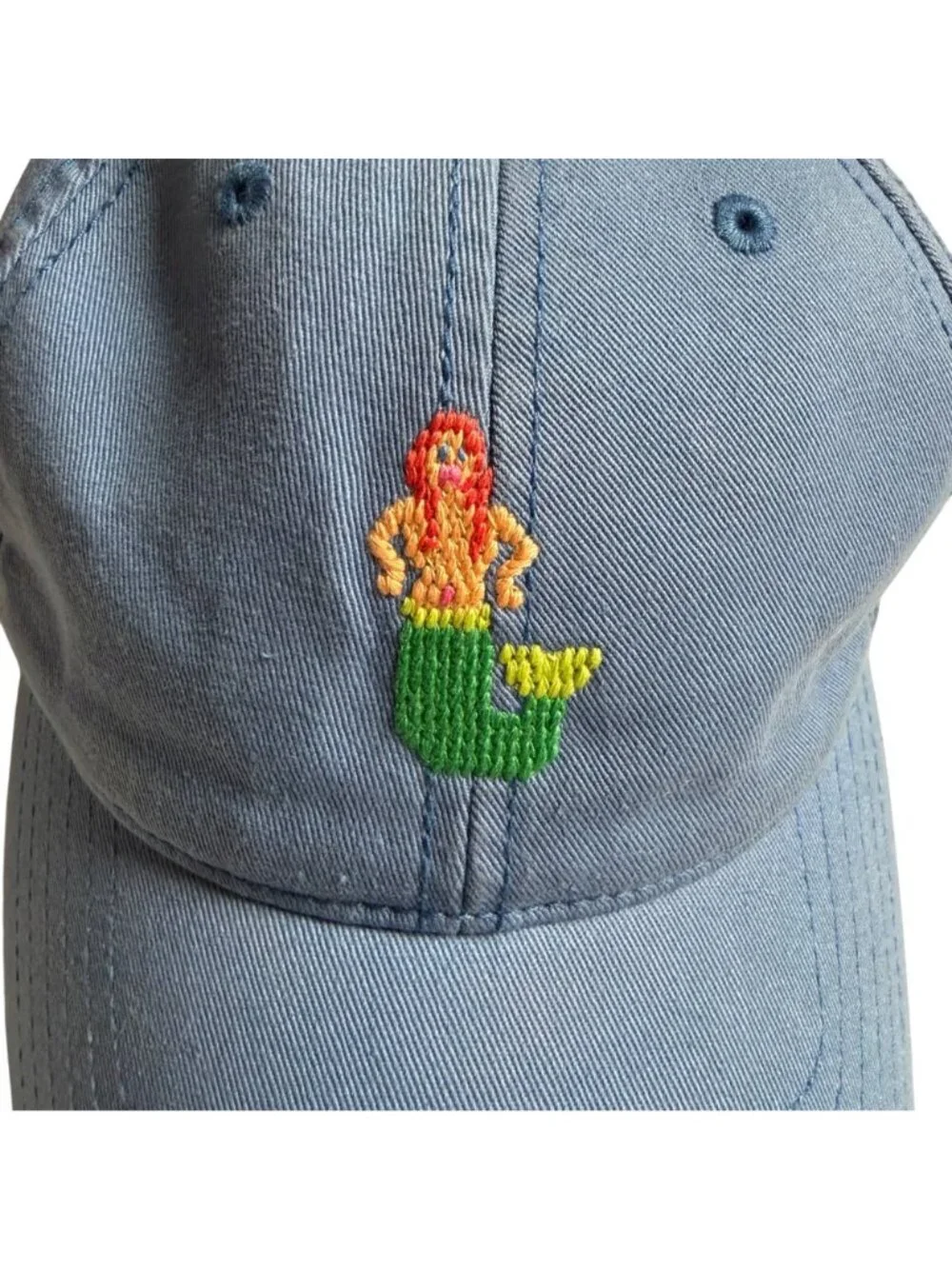 Harding Lane Needlepoint Mermaid Hat Blue Adjustable Strap Coastal Beach Preppy